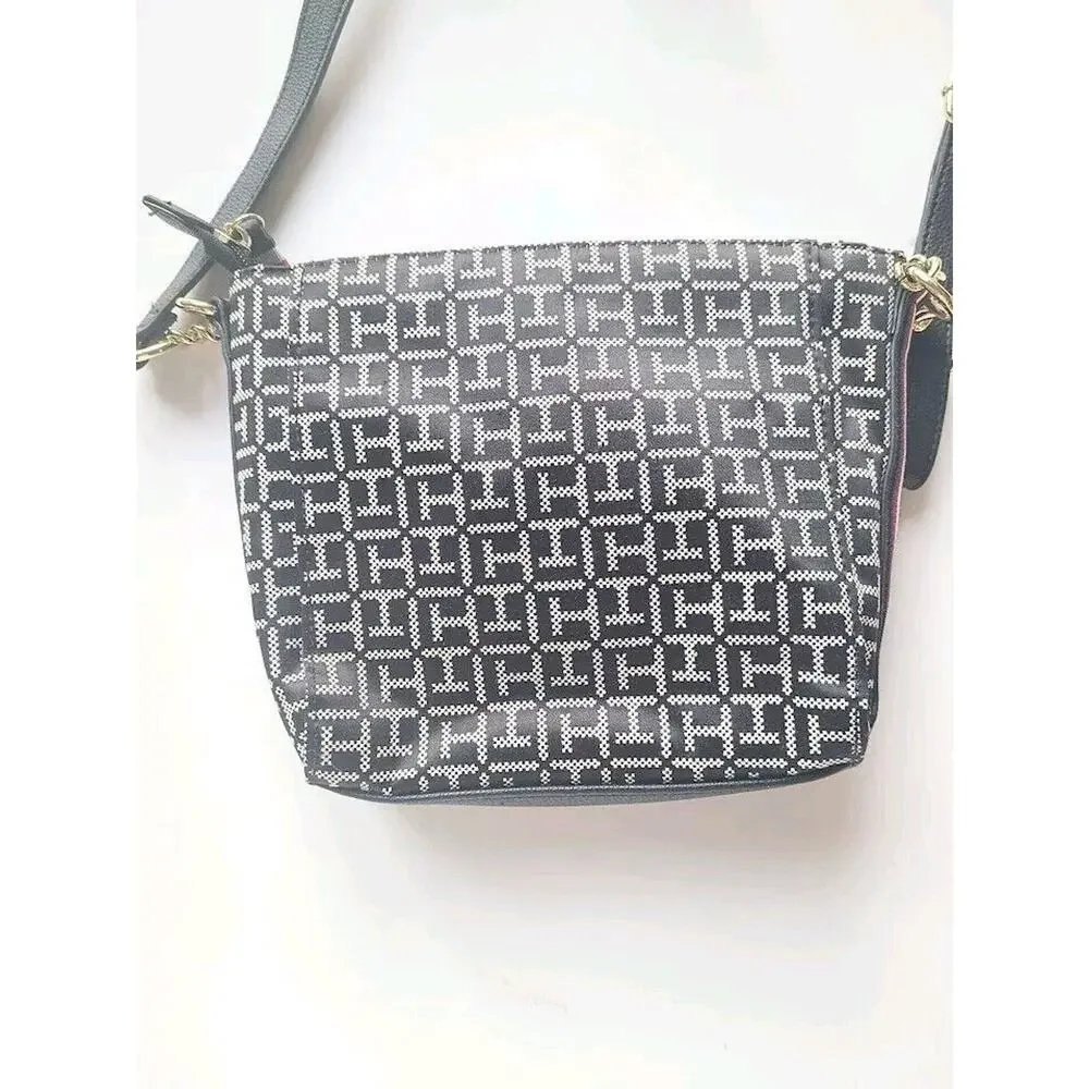 Tommy Hilfiger Women's‎ Logo Crossbody Handbag Purse Small Black White Gold